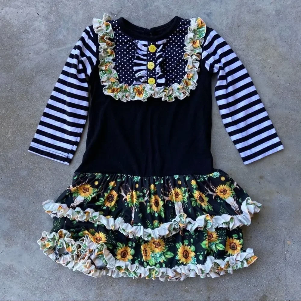Sunflower Cow Skull Toddler Girl Dress Size 4t